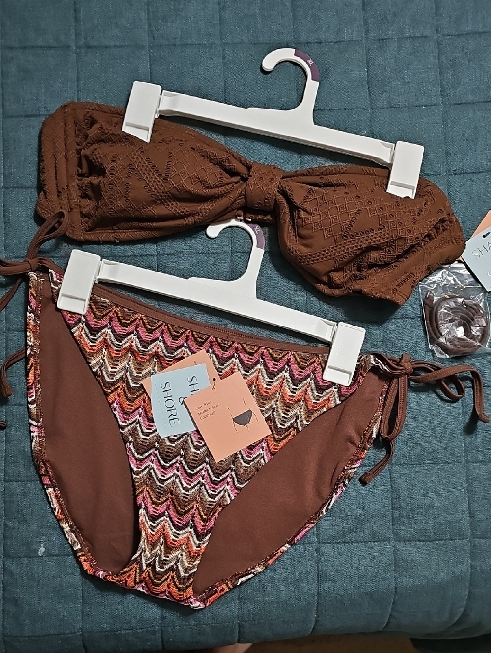 Shade & Shore Brown Textured Bandeau Bikini with Multicolor Chevron Bottom